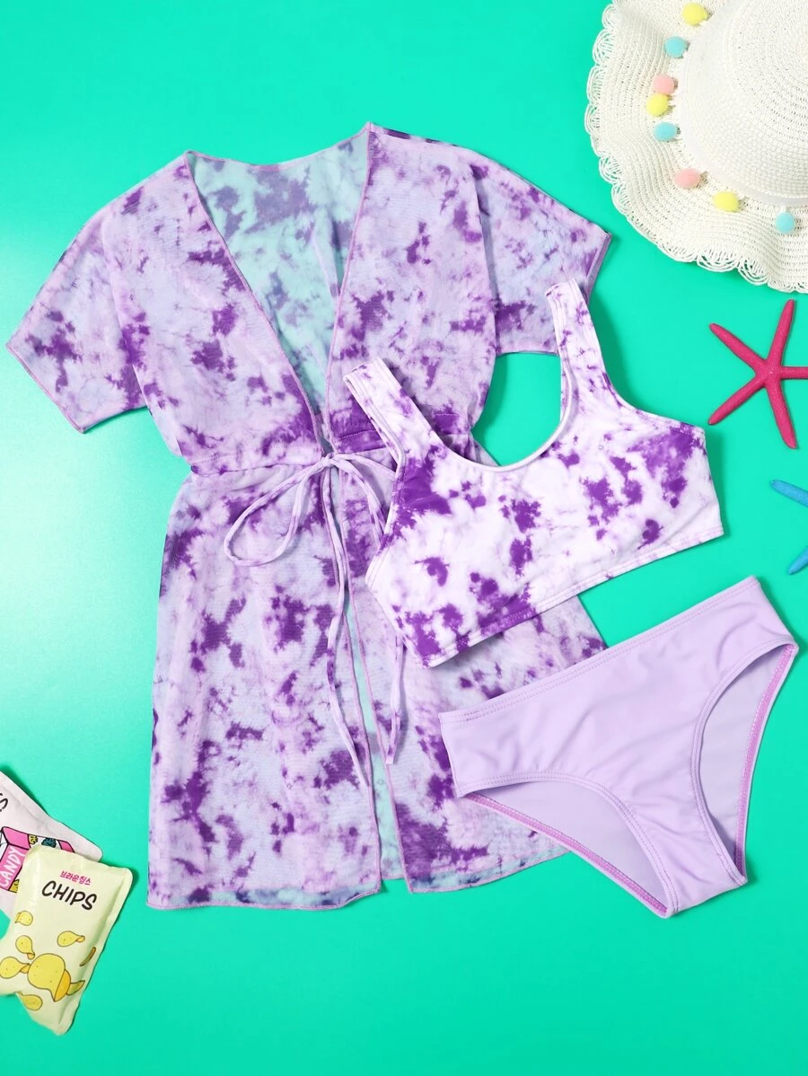 3packs Tween Girl Tie Dye Bikini Set Summer Beach - Lilac Purple - View 1
