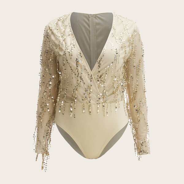 

Plus Wrap V Neck Sequin-fringe Bodysuit, Champagne