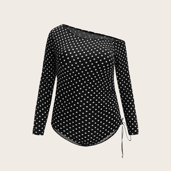 

Plus Polka Dot One Shoulder Drawstring Bodysuit, Black