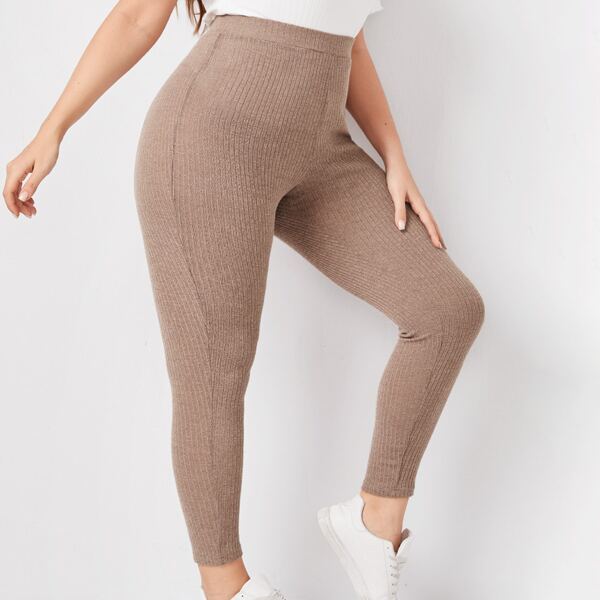 

Plus Rib-Knit High Waist Leggings, Apricot