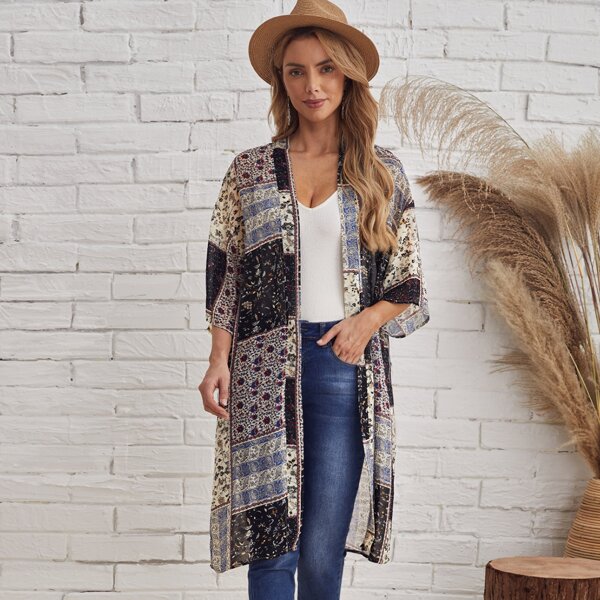 

Drop Shoulder Patchwork Print Kimono, Multicolor