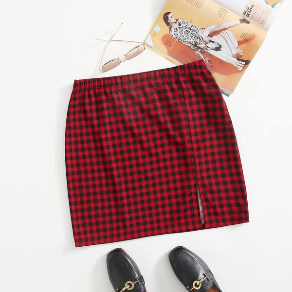 

Plus Gingham Slit Hem Skirt, Burgundy