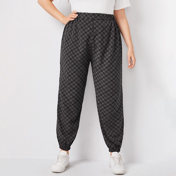 

Plus Plaid Print High Waisted Tapered Pants, Dark grey