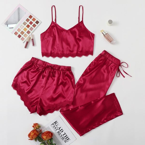 

Lace Trim Satin Cami Night Set, Red
