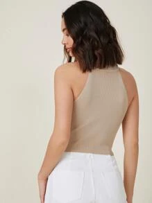 SHEIN BASICS 素色羅紋針織上衣 - 卡其色 - 查看 2