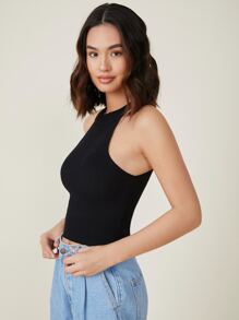 SHEIN BASICS Solid Ribbed Knit Top - Black - View 3