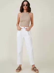 SHEIN BASICS 素色羅紋針織上衣 - 卡其色 - 查看 5