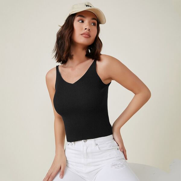 

Solid Rib-knit Knit Top, Black