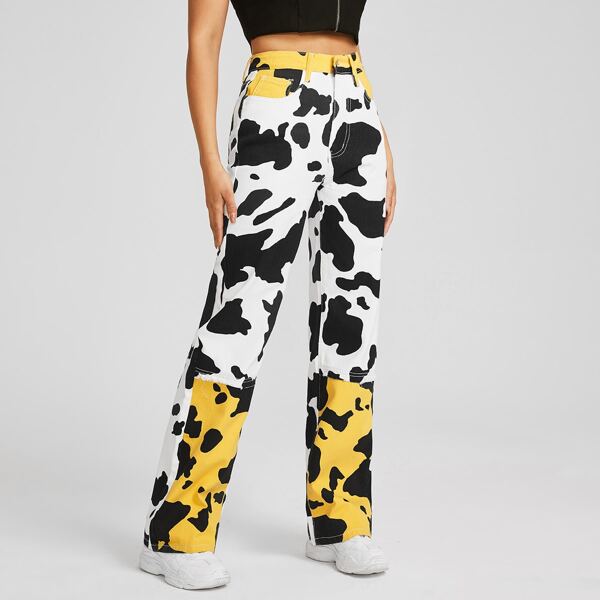 

Cow Print Colorblock Jeans, Multicolor
