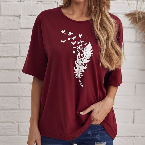 

Drop Shoulder Feather Print Tee, Maroon
