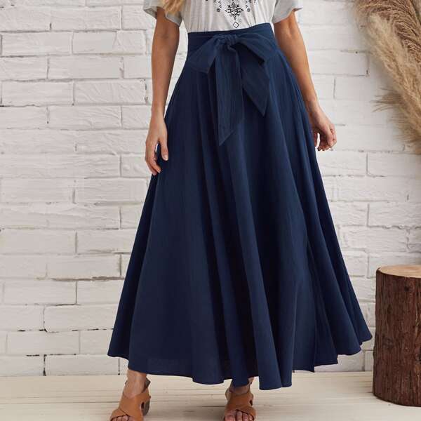 

Split Hem Belted Maxi Skirt, Navy blue