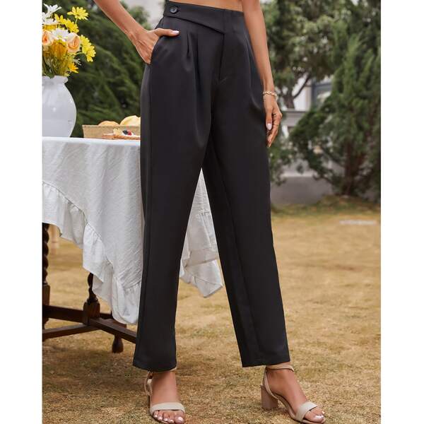 

Dual Pocket Button Detail Straight Pants, Black