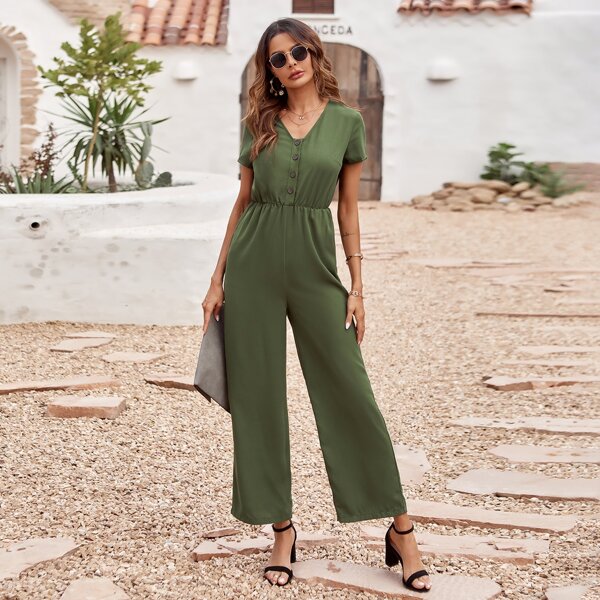

V Neck Button Front Jumpsuit, Army green