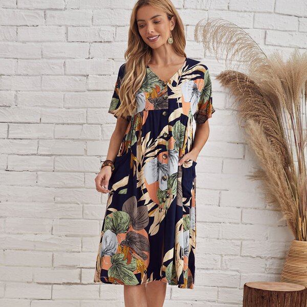 

Single Breasted Patch Pocket Tropical Print Dress, Multicolor