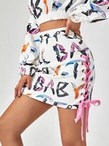 Cute but Psycho All Over Knife Print Lace Up Skirt - Multicolor - View 1
