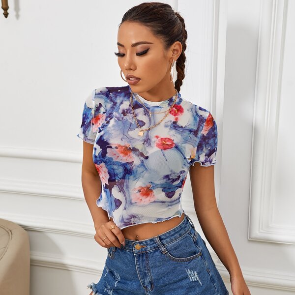 

Floral Print Lettuce Trim Mesh Top, Multicolor