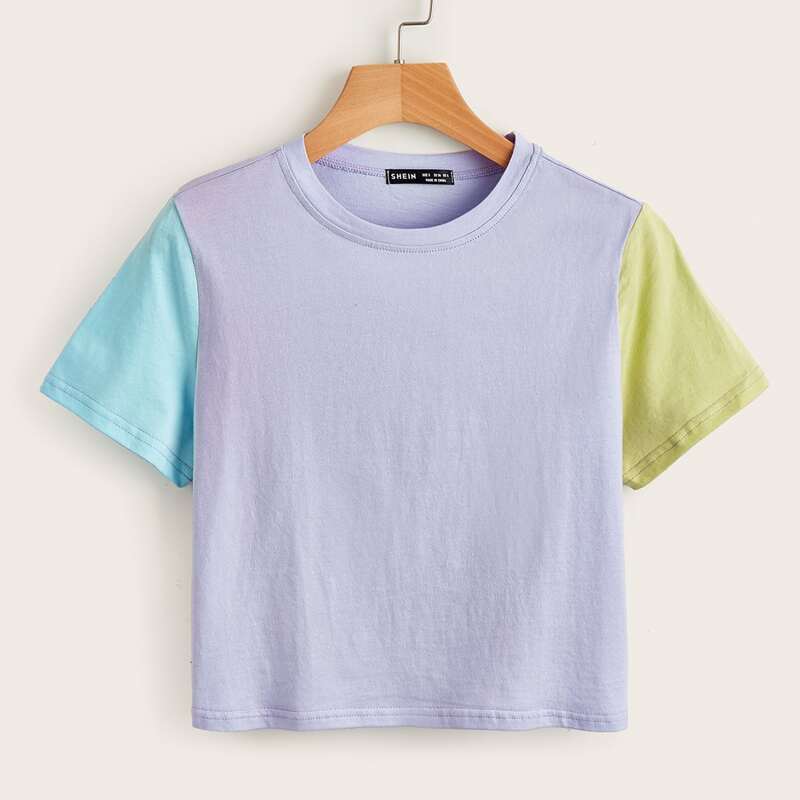 

Round Neck Colorblock Crop Tee, Pastel lilac purple
