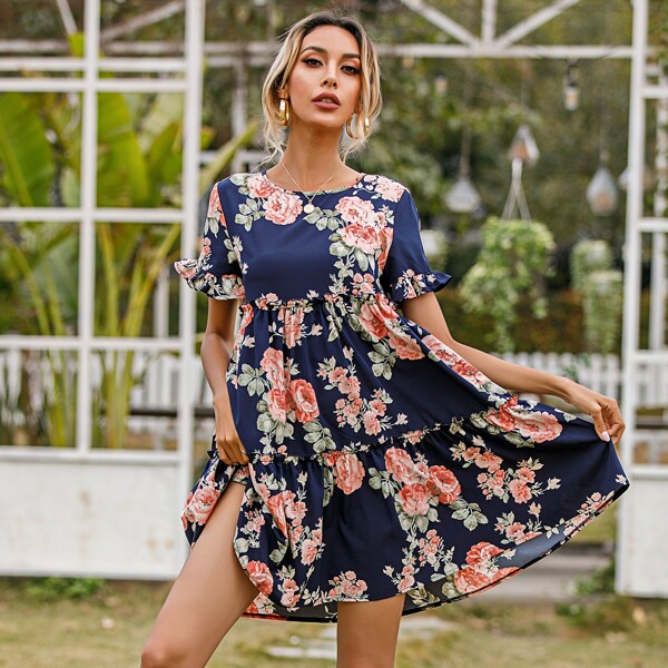 

Floral Print Frill Trim Dress, Multicolor
