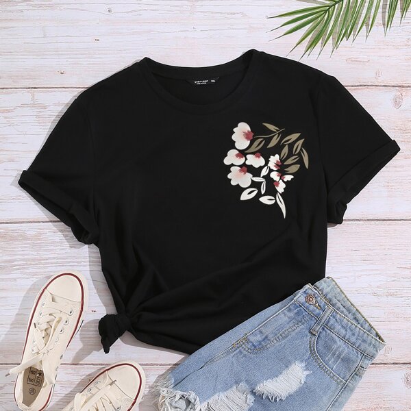 

Plus Floral Print Round Neck Tee, Black