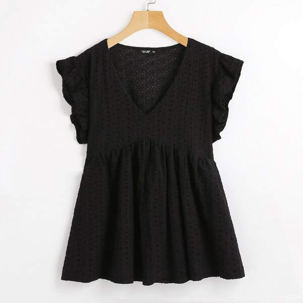 

Plus V-neck Schiffy Babydoll Blouse, Black