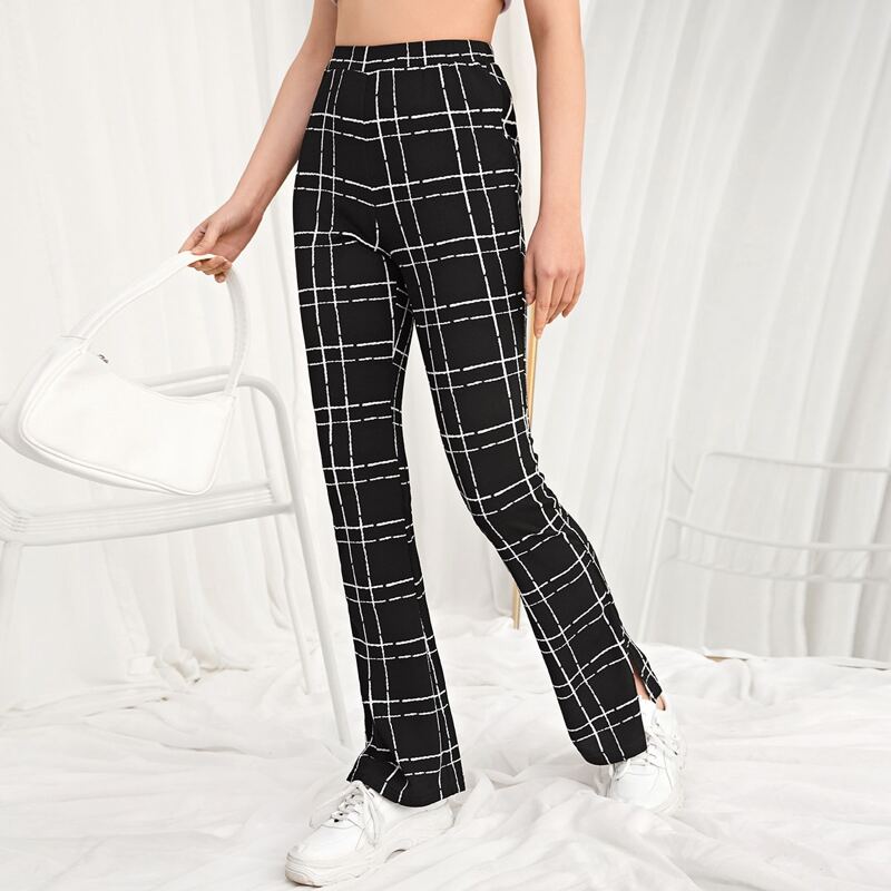 

Split Hem Plaid Pants, Black