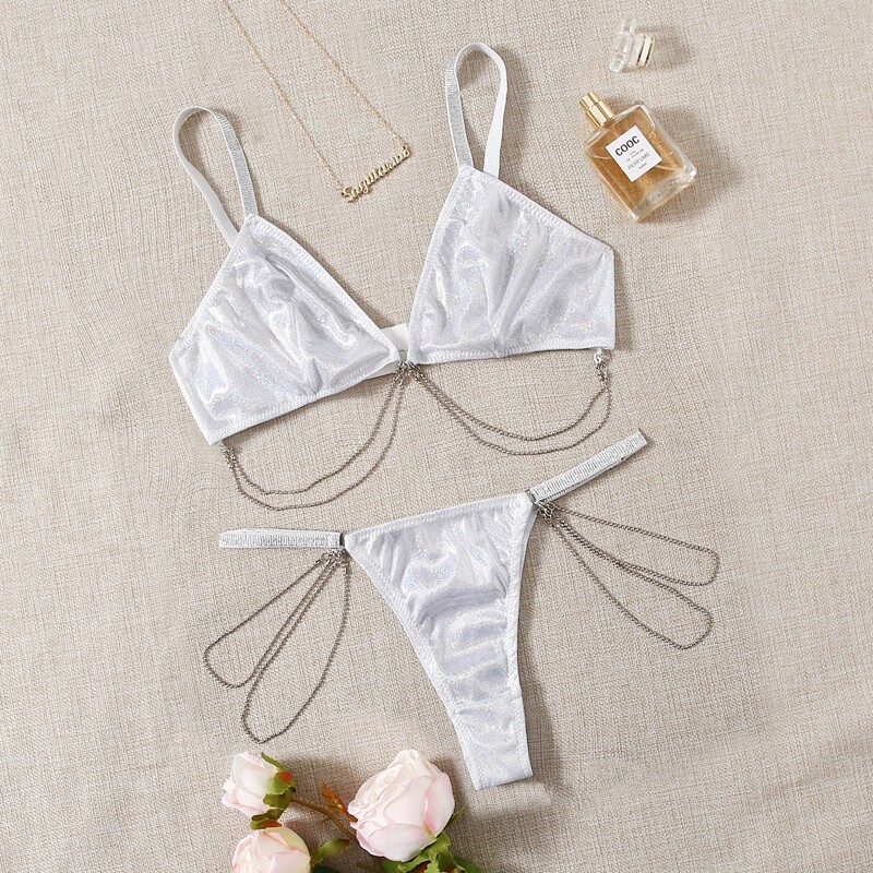 

Metallic Chain Linked Lingerie Set, Silver