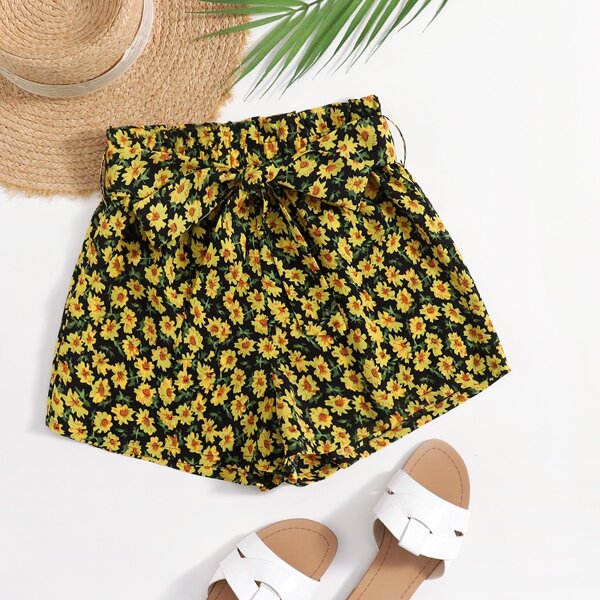 

Paperbag Waist Belted Allover Floral Shorts, Multicolor
