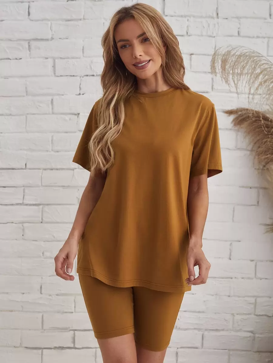 SHEIN LUNE Solid Tee & Biker Shorts Set - Brown - View 1