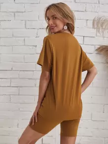SHEIN LUNE Solid Tee & Biker Shorts Set - Brown - View 2