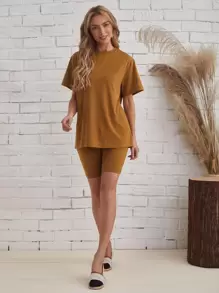 SHEIN LUNE Solid Tee & Biker Shorts Set - Brown - View 3