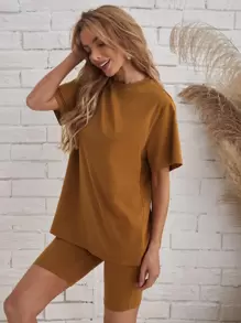 SHEIN LUNE Solid Tee & Biker Shorts Set - Brown - View 4
