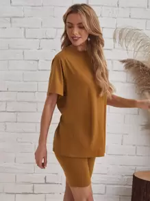 SHEIN LUNE Solid Tee & Biker Shorts Set - Brown - View 5
