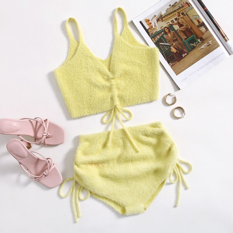 

Drawstring Fluffy Cami Knit Top & Knit Shorts, Yellow