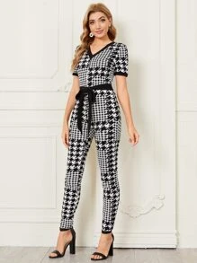 SHEIN Monos Cremallera Pata de Gallo Casual - Blanco y Negro - Ver 4