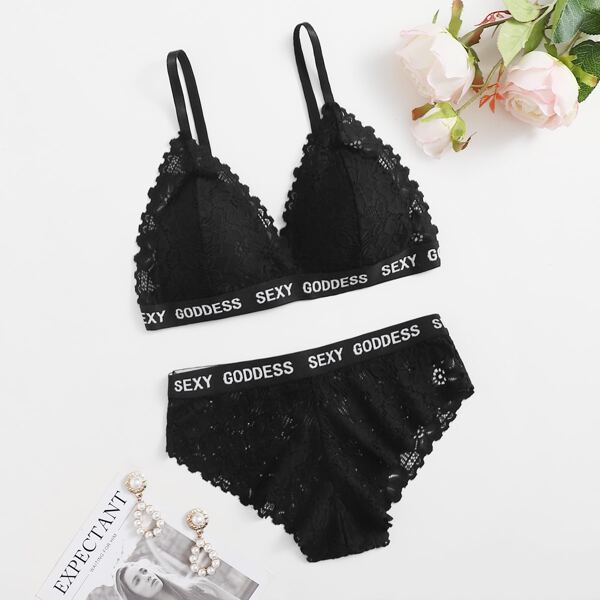 

Floral Lace Letter Tape Lingerie Set, Black