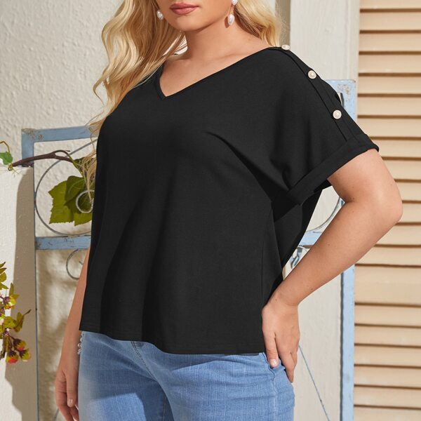 

Plus Pearls Button Detail V-neck Tee, Black