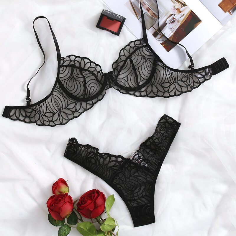 

Mesh Underwire Lingerie Set, Black
