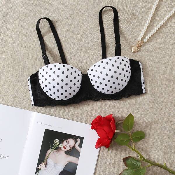

Polka Dot Lace Trim Super Push Up Bra, Black and white