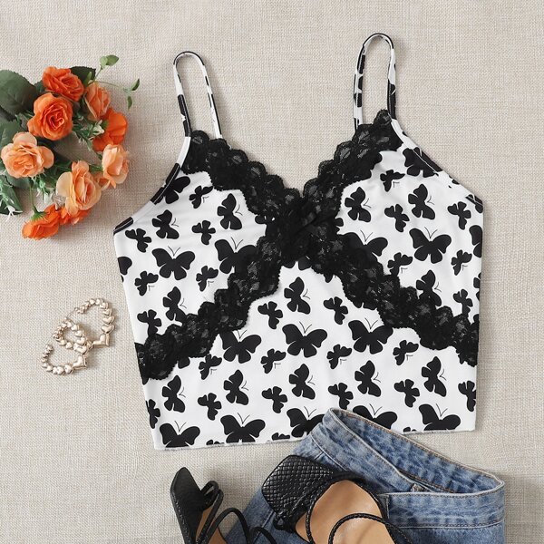 

Contrast Lace Butterfly Print Cami Top, Black and white