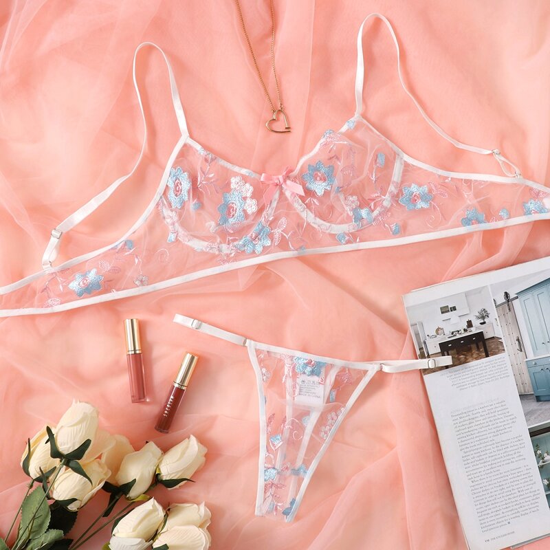 

Floral Embroidered Mesh Underwire Lingerie Set, Multicolor
