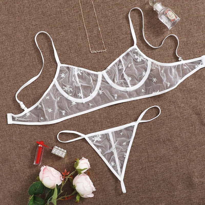 

Embroidered Mesh Underwire Lingerie Set, White