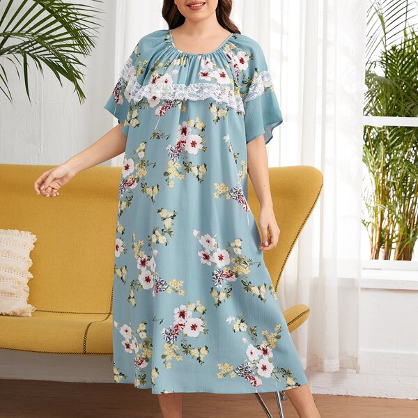 

Plus Floral Lace Trim Nightdress, Dusty blue