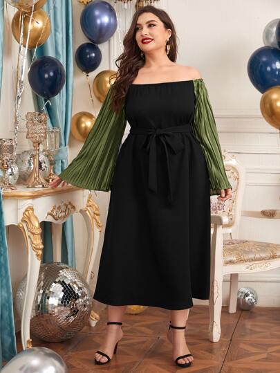 فستان بحزام بأكمام جرس مكشوف الاكتاف مقاس كبير