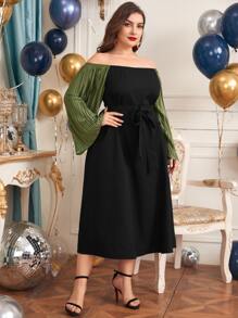 SHEIN Unity فستان بحزام بأكمام جرس مكشوف الاكتاف مقاس كبير