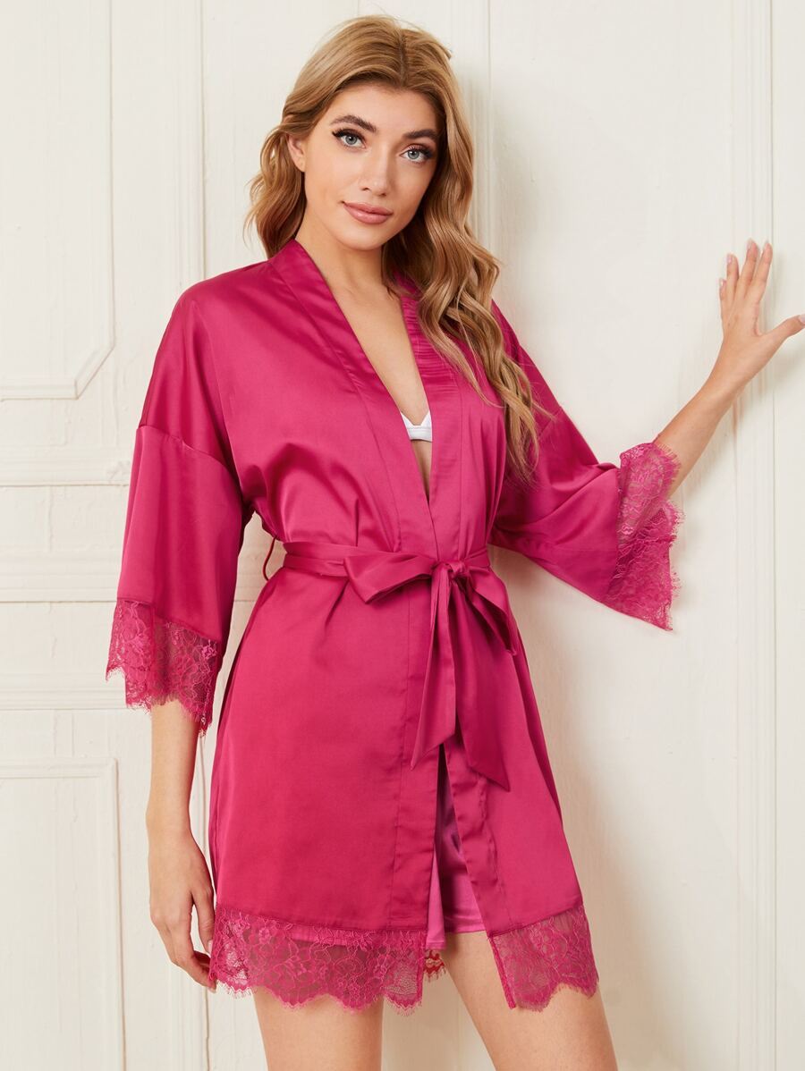 SHEIN Bata de dormir con cinturón de satén ribete con encaje de pestaña - Rosa Fucsia - Ver 1