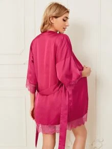 SHEIN Bata de dormir con cinturón de satén ribete con encaje de pestaña - Rosa Fucsia - Ver 2