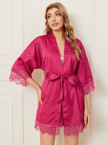 SHEIN Bata de dormir con cinturón de satén ribete con encaje de pestaña - Rosa Fucsia - Ver 4