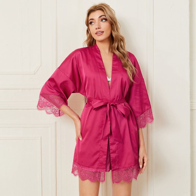 

Eyelash Lace Trim Satin Belted Night Robe, Hot pink