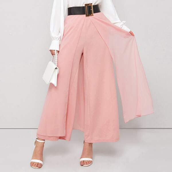 

Split Skirt Overlay Buckle Belted Wide Leg Pants, Pastel baby pink