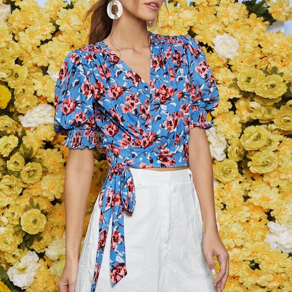 

Floral Surplice Shirred Detail Neck Knot Side Blouse, Multicolor